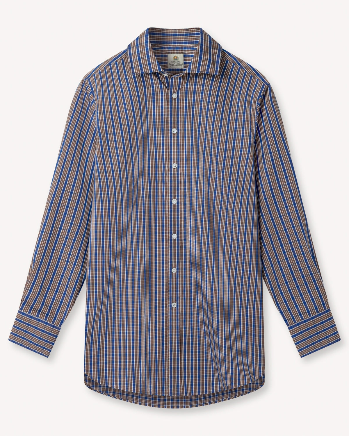 Bernard Weatherill BERNARD WEATHERILL Check Semi-Cutaway Poplin Shirt Blue/Brown Savile Row Gentlemens Outfitters